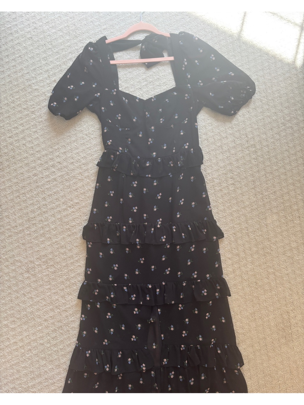 Wayf Black Midi Dress with Pink & Blue Floral Print